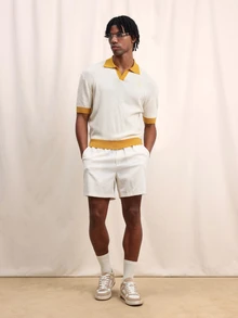 SUMWON Polo de punto abierto con ajuste cuadrado, cuello con contraste y manga corta, top casual de verano en color crema - Beis - Ver 5