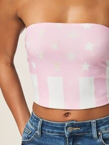 Missguided x Playboy Pink And White Striped Star Print Strapless Bandeau Crop Top Tube Top Summer Festival Fourth Of July World Cup 2026 Sporty Game Streetwear Sexy Jersey - Multicolor - View 4