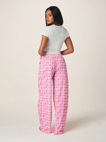 Missguided x Playboy 女士兔子标志露脐T恤和阔腿裤睡衣家居服套装 粉色白色 - 彩色 - 查看 3