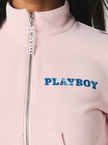 Missguided x Playboy Women Logo Full Zip Cropped Sweatshirt With Stand Collar Blue Text Vintage Inspired Athleisure Casual Jacket, Fourth Of July - Pink - View 4