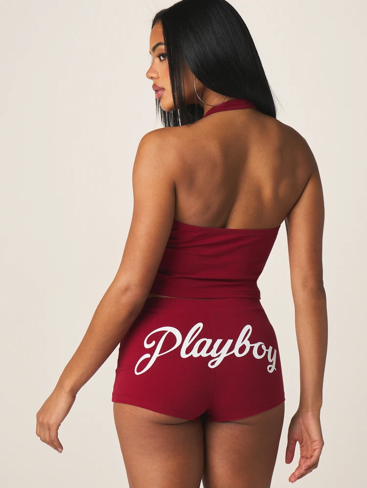 Missguided x Playboy Women's High Rise Fitted Booty Shorts With Script Logo And Varsity Number 53 Detail