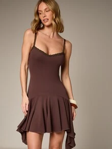 AiiRZ Vestido mini marrón con cuello de corazón, dobladillo asimétrico, detalles de encaje y volantes, para citas, fiestas, eventos de noche y bodas - Café integral - Ver 1