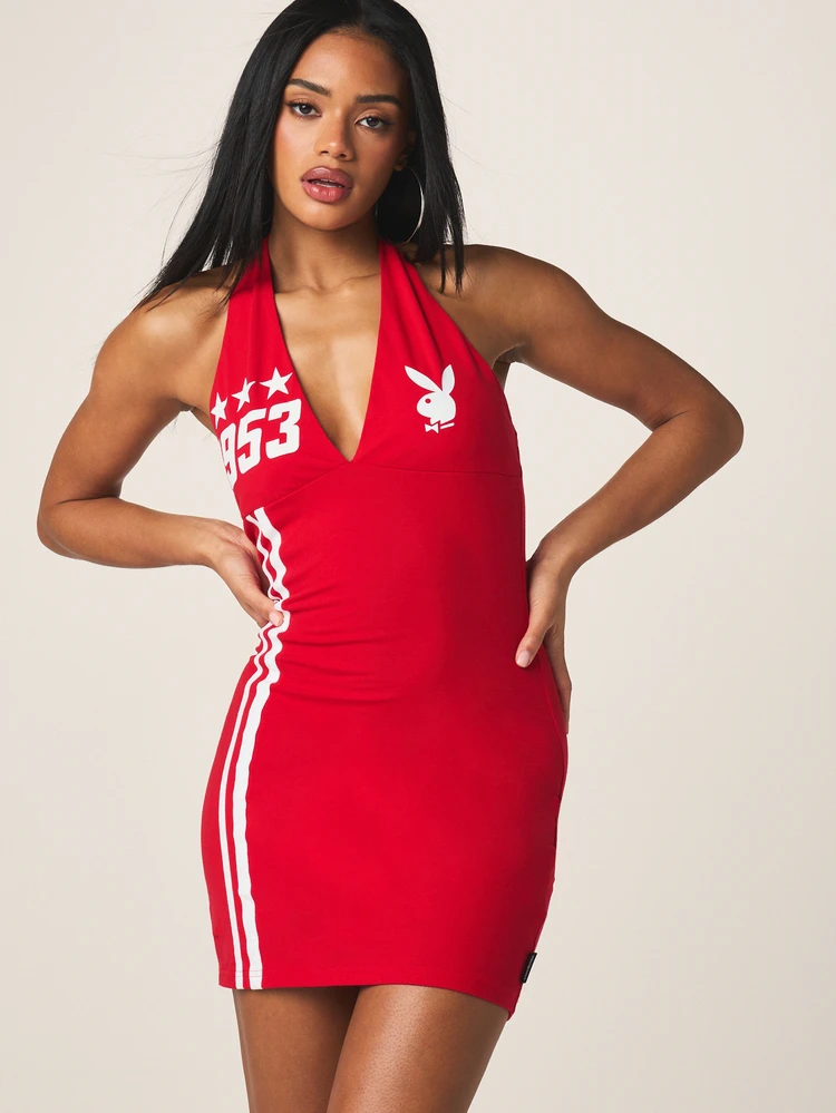 Missguided x Playboy Women's Halter Red 1953 Stars Graphic Print V Neck Bodycon Mini Dress Party Club Wear