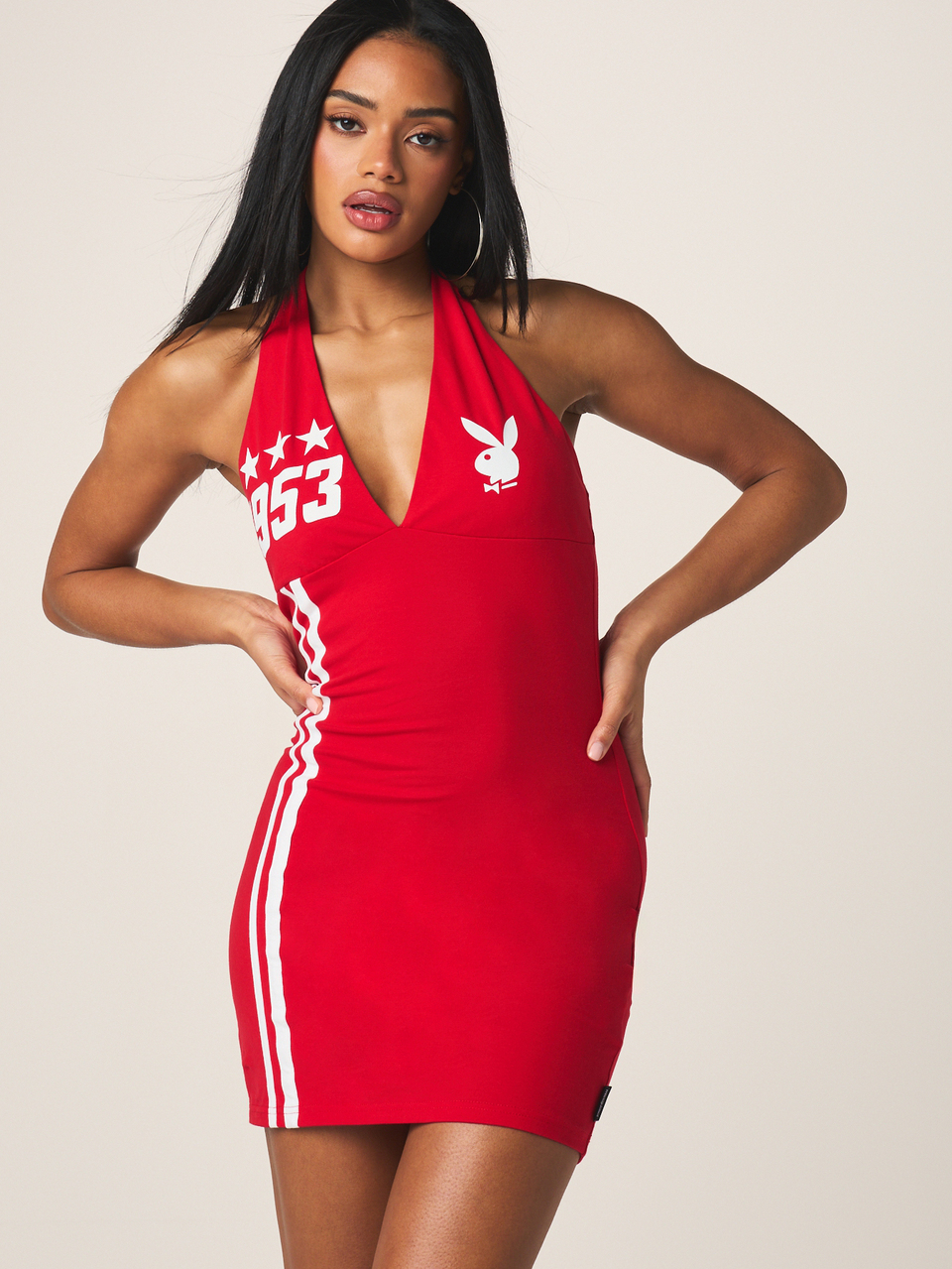 Missguided x Playboy Halter V Neck Graphic Mini Dress