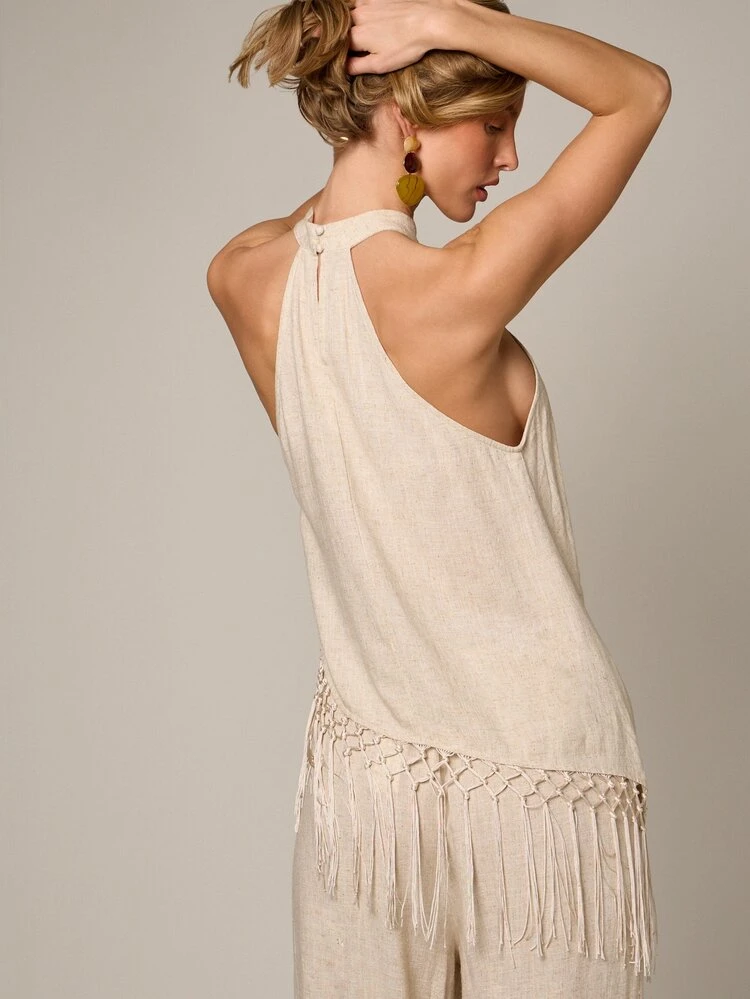 Halter Neck Linen Top With Fringe