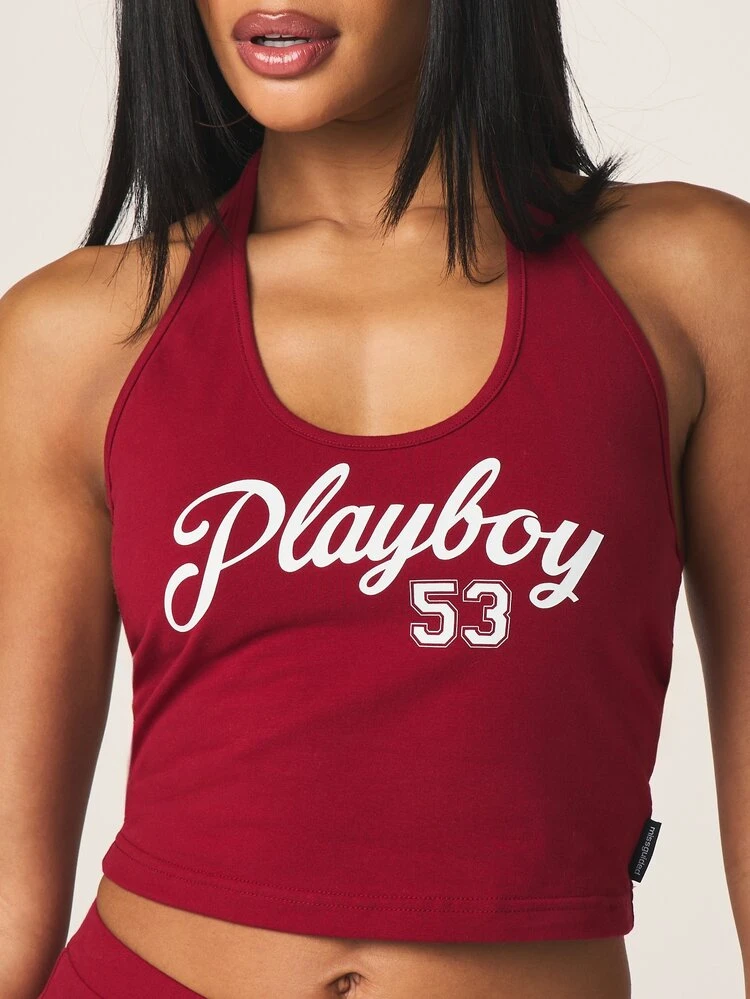 Missguided x Playboy Women's Halter Neck Crop Top With White Logo Print Sporty Maroon Red Sleeveless Summer Tank Athletic Fitted Vintage Retro