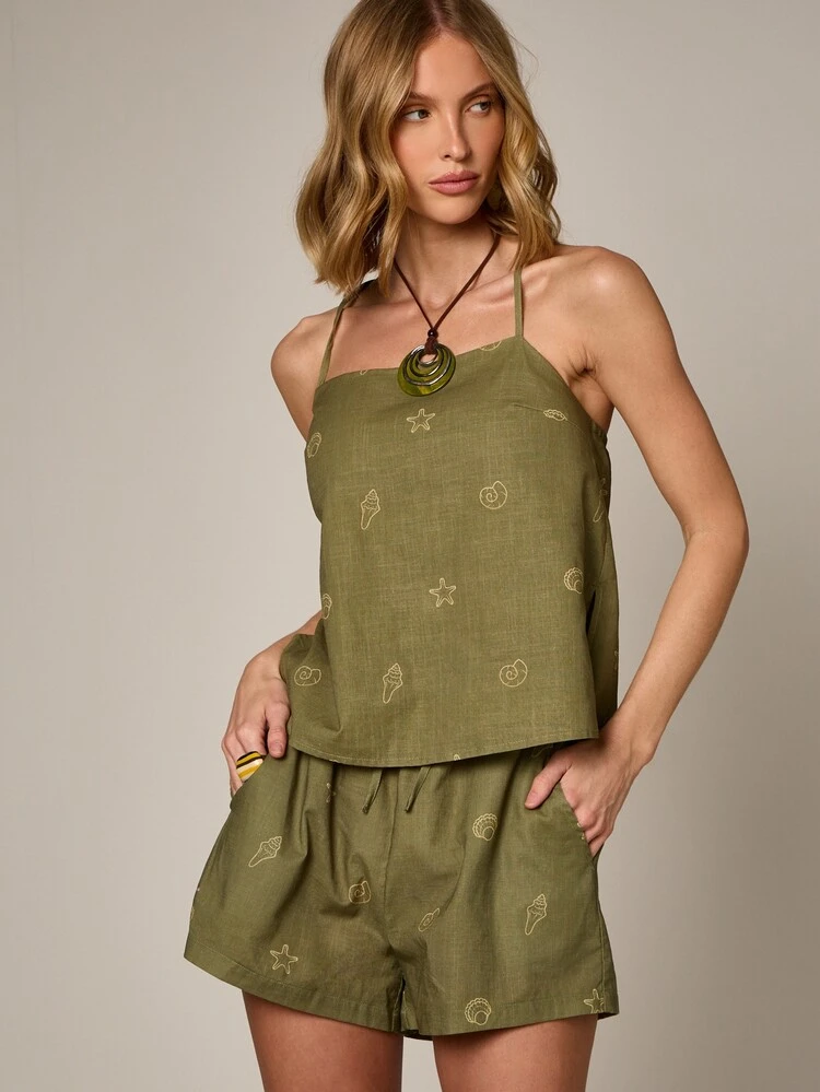 Linen Feel Nautical Print Drawstring Shorts