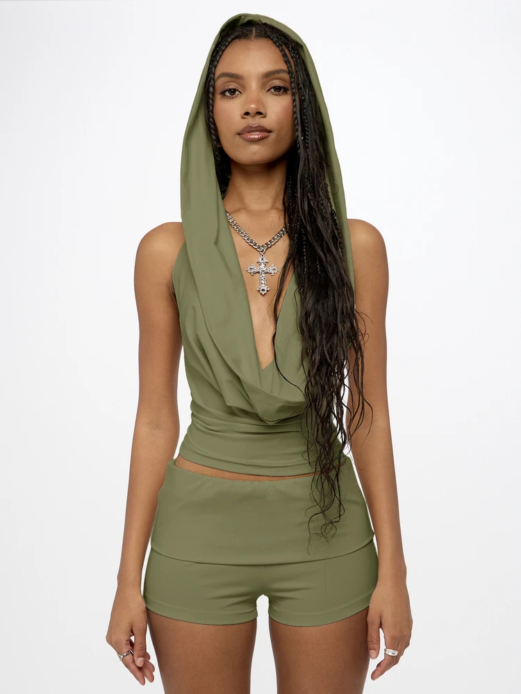 SUMWON WOMEN Sleeveless Hooded Crop Top With Deep V Neckline And Wrap Front For Summer Festivals