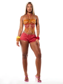 SUMWON WOMEN Women's Embellished Chain Mail Halter Top With Fringe Details And Metallic Beading For Festival Party Occasions - Orange - View 4