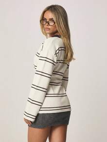 MISSGUIDED Women Striped Cinched Rugby Sweater Top Long Sleeve Collared Pullover Casual Fall Winter Knitwear - Cream - View 2