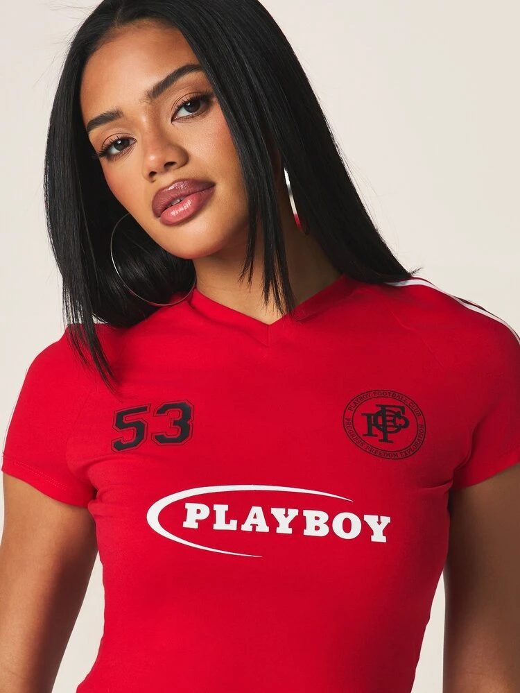 Missguided x Playboy Sports Graphic Fitted Crop Tee And Micro Booty Shorts Two Piece Set With Number Print And Logo Details