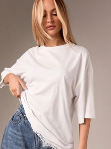 AiiRZ Oversized Cotton T-Shirt With Delicate Lace Trim Hem Detail For Casual Everyday Comfort And Relaxed Style - White - View 4