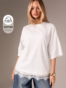 AiiRZ Oversized Cotton T-Shirt With Delicate Lace Trim Hem Detail For Casual Everyday Comfort And Relaxed Style - White - View 1