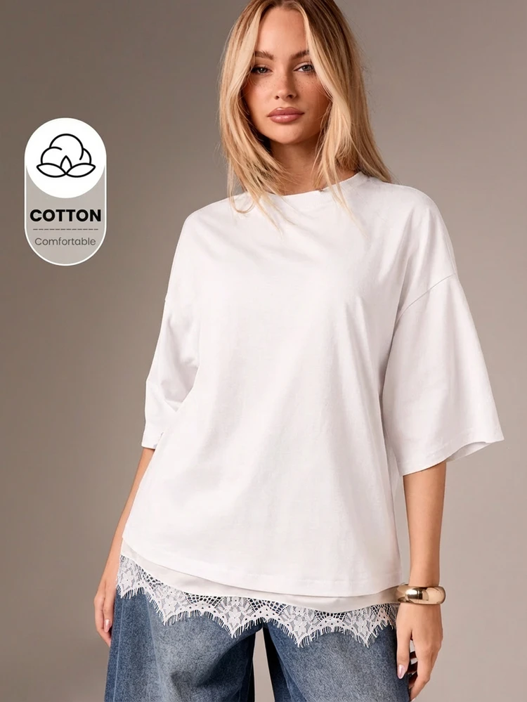 AiiRZ Oversized Cotton T-Shirt With Delicate Lace Trim Hem Detail For Casual Everyday Comfort And Relaxed Style
