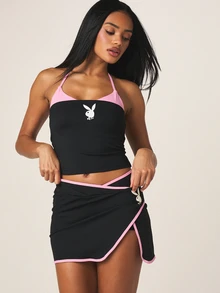 Missguided x Playboy 黑色和粉色撞色Logo吊带抹胸上衣，后背系带细节 - 黑色 - 查看 1