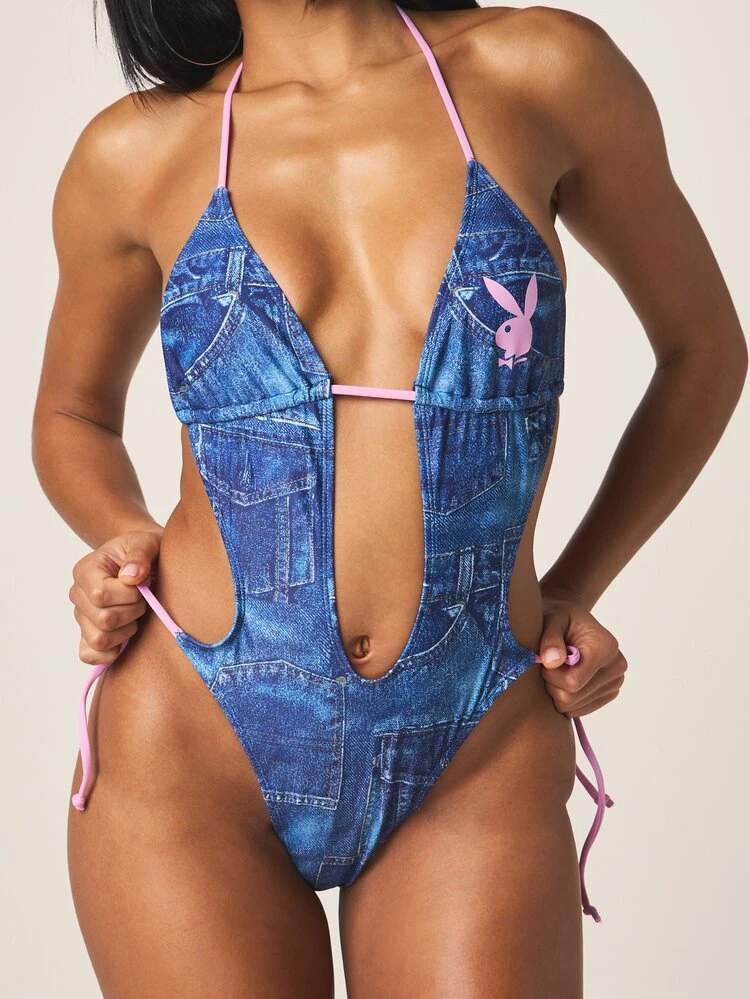 Missguided x Playboy Women's Denim Print Plunge Halter Monokini Cut Out One Piece Swimsuit With Tie Details Beach Pool Summer Vacation, Fourth Of July