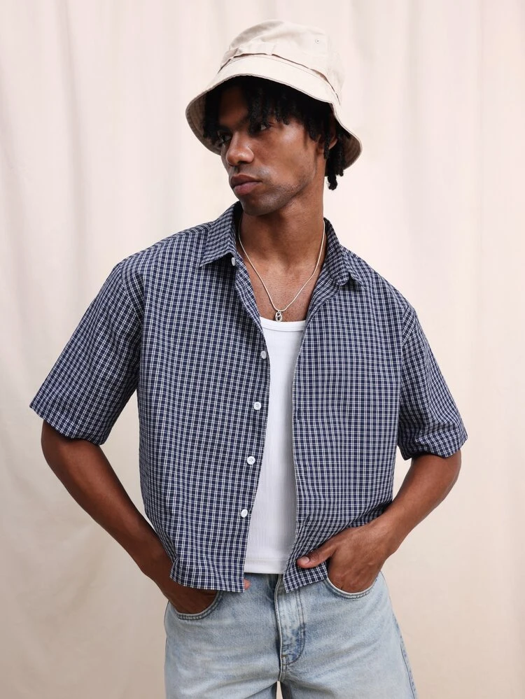 SUMWON Men's Regular Fit Short Sleeve Button Down Checkered Shirt With Graphic Back Print