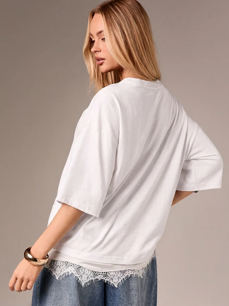 AiiRZ Oversized Cotton T-Shirt With Delicate Lace Trim Hem Detail For Casual Everyday Comfort And Relaxed Style