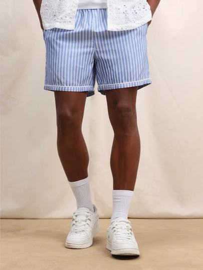 SUMWON Men's Regular Fit Pull On Striped Shorts With Contrast Piping Hem Detail Summer Casual Elastic Waist Blue White Vertical Stripe Bermuda