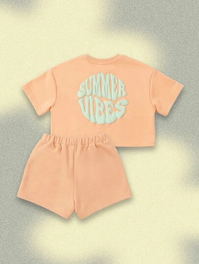 SUMWON Girls Summer Vibes Peach Co-Ord Set Crop T-Shirt With Shorts Casualwear Two Piece Outfit
