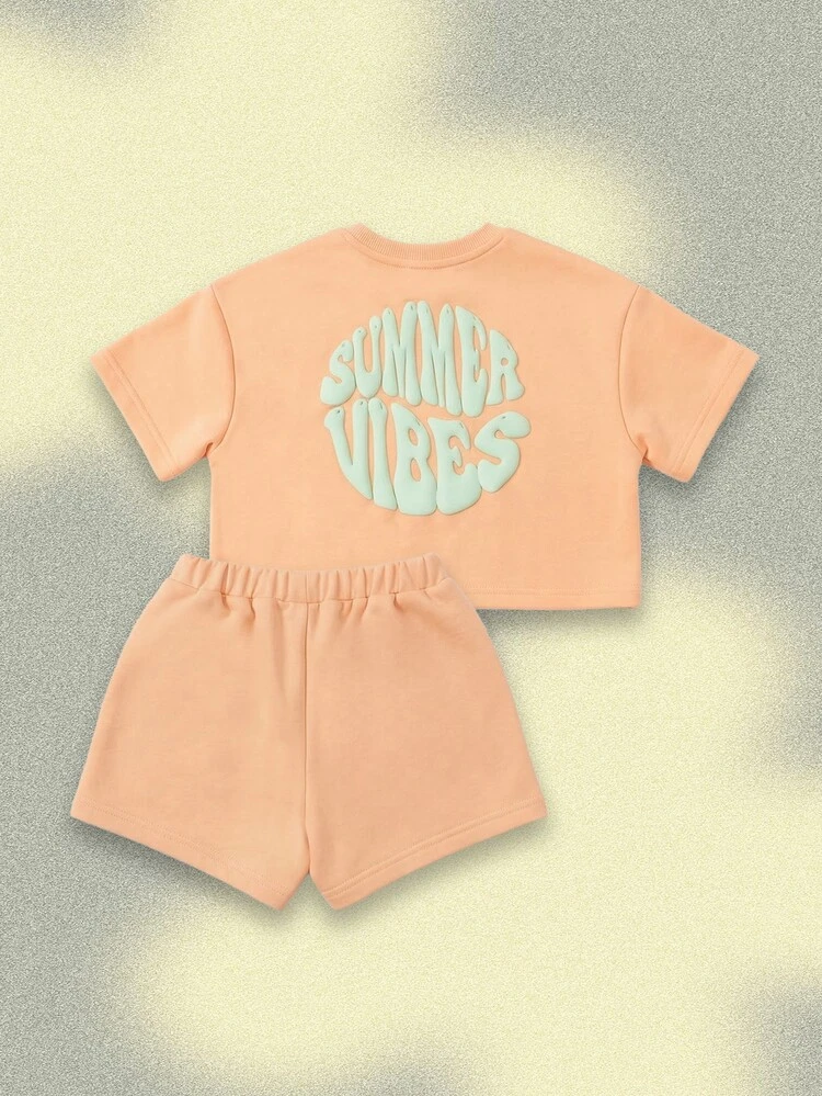 Girls Summer Vibes Peach Co-Ord Set Crop T-Shirt With Shorts Casualwear Two Piece Outfit