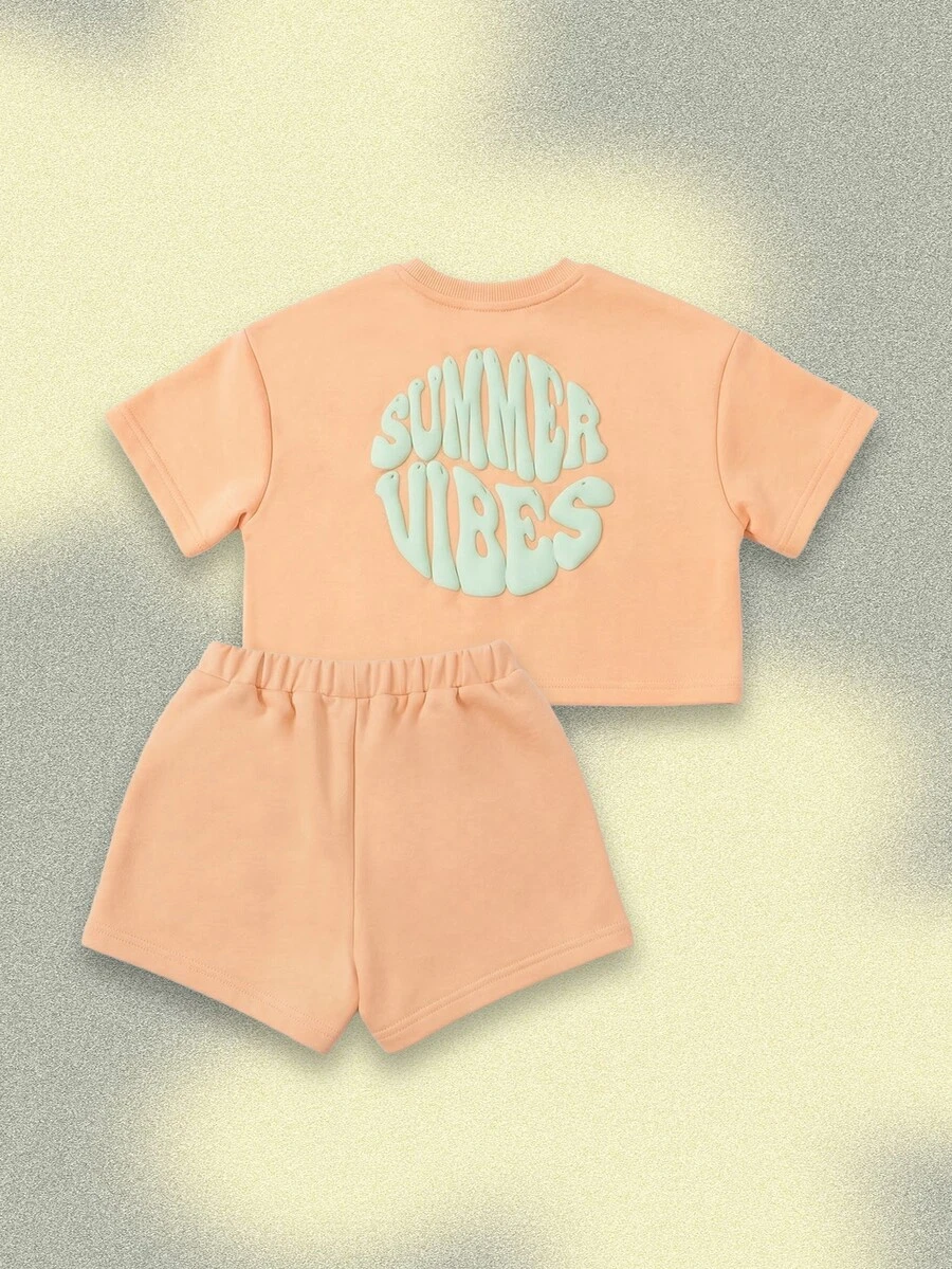 SUMWON Bộ đồ đôi mùa hè màu đào dành cho bé gái, áo crop top và quần short, trang phục thường ngày. - trái cam - Xem 1