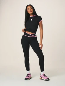 Missguided x Playboy Logo High Waist Cross Over Binding Athletic Leggings With Pink Contrast Trim Performance Workout Stretch Fitness Bottoms - Black - View 4