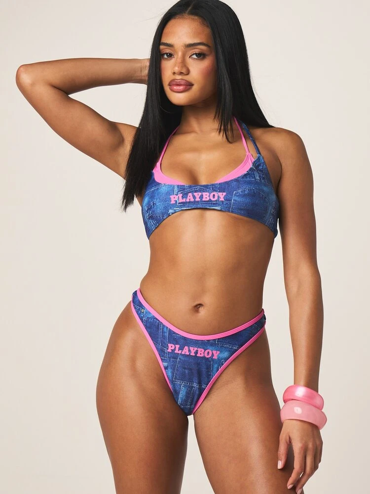 Missguided x Playboy Beach Denim Print Halter Bikini Set With Contrast Pink Trim Summer Two Piece Swimwear, Fourth Of July