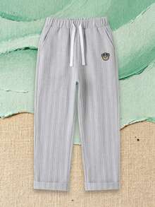 SUMWON Striped Drawstring Boys Pants With Monkey Patch Elastic Waist Casual Everyday Pants Cuffed Hem Comfortable Kids Jogger Style Trousers - Grey - View 1