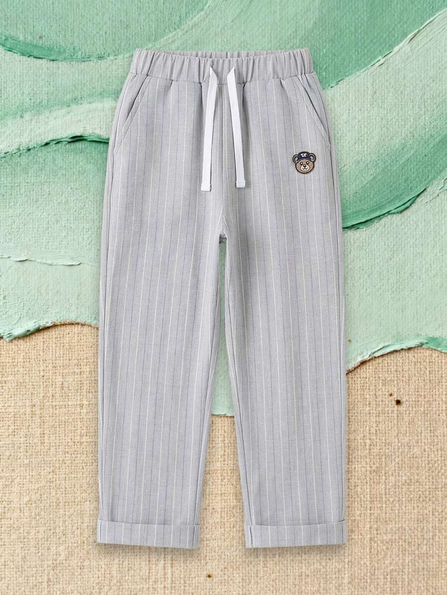 SUMWON Striped Drawstring Boys Pants With Monkey Patch Elastic Waist Casual Everyday Pants Cuffed Hem Comfortable Kids Jogger Style Trousers - Grey - View 1