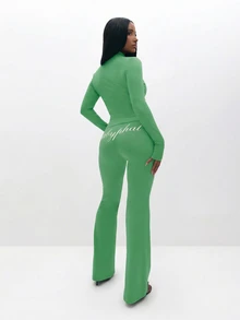 BABYPHAT Long Sleeve Zip Up Top With Script Print And Front Zipper Closure - Green - View 7