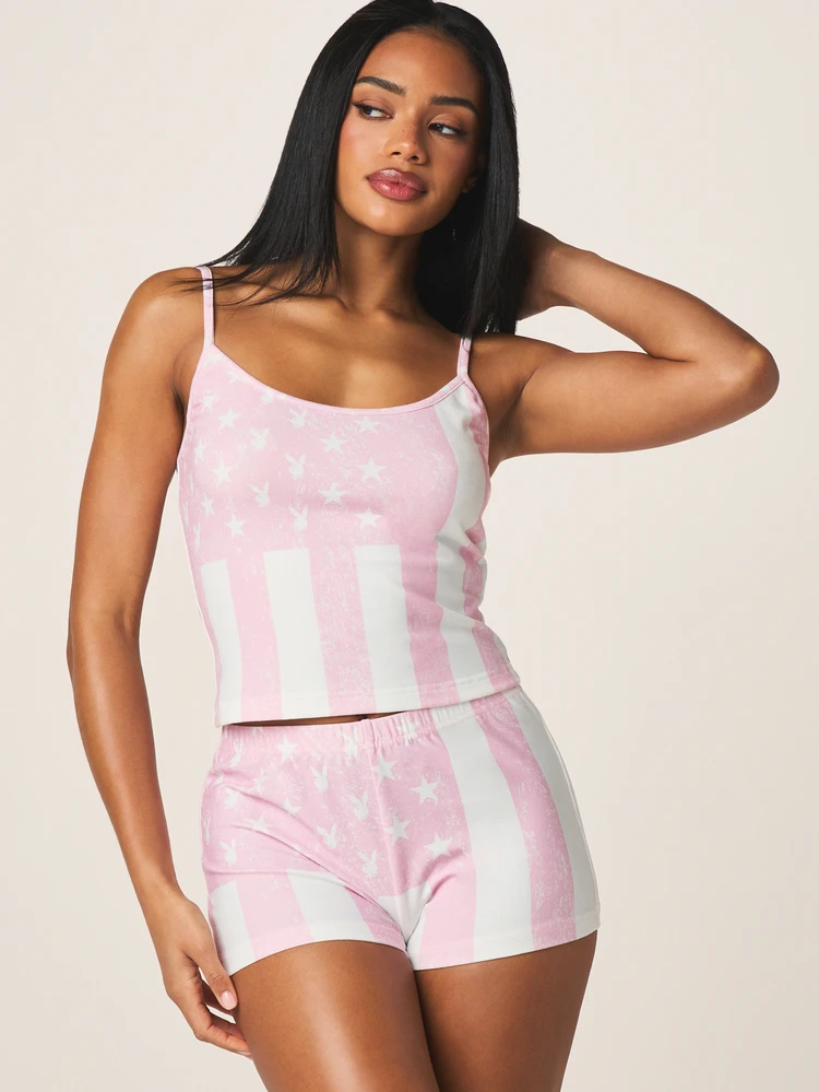 Missguided x Playboy American Flag Inspired Striped Star Print Camisole Tank Top For Summer Patriotic Occasions With Adjustable Straps And Scoop Neckline, Fourth Of July