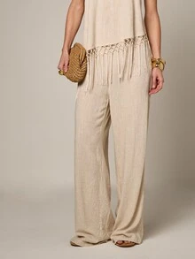 AiiRZ Quần Palazzo ống rộng bằng vải lanh dành cho nữ, có chi tiết tua rua, cạp cao, kiểu dáng suông, thích hợp cho mùa hè, đi biển hoặc du lịch, phong cách Boho. - Màu be - Xem 4