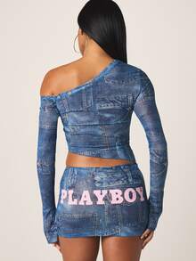 Missguided x Playboy Ensemble deux pièces pour femmes, Top court à épaules dénudées, mini-jupe imprimée, lavage vintage, tenue streetwear, Quatrième Juillet - Bleu azur - Voir 3