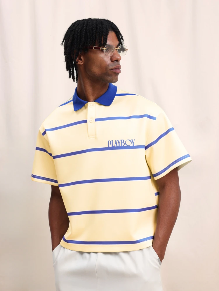PLAYBOY X SUMWON Men's Horizontal Striped Polo Shirt With Bunny Logo Short Sleeve Collared Rugby Style Spring Summer Casual