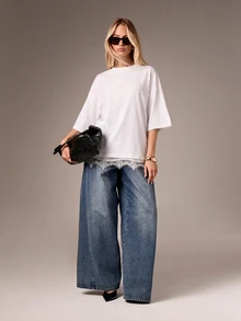 AiiRZ Oversized Cotton T-Shirt With Delicate Lace Trim Hem Detail For Casual Everyday Comfort And Relaxed Style - White - View 5