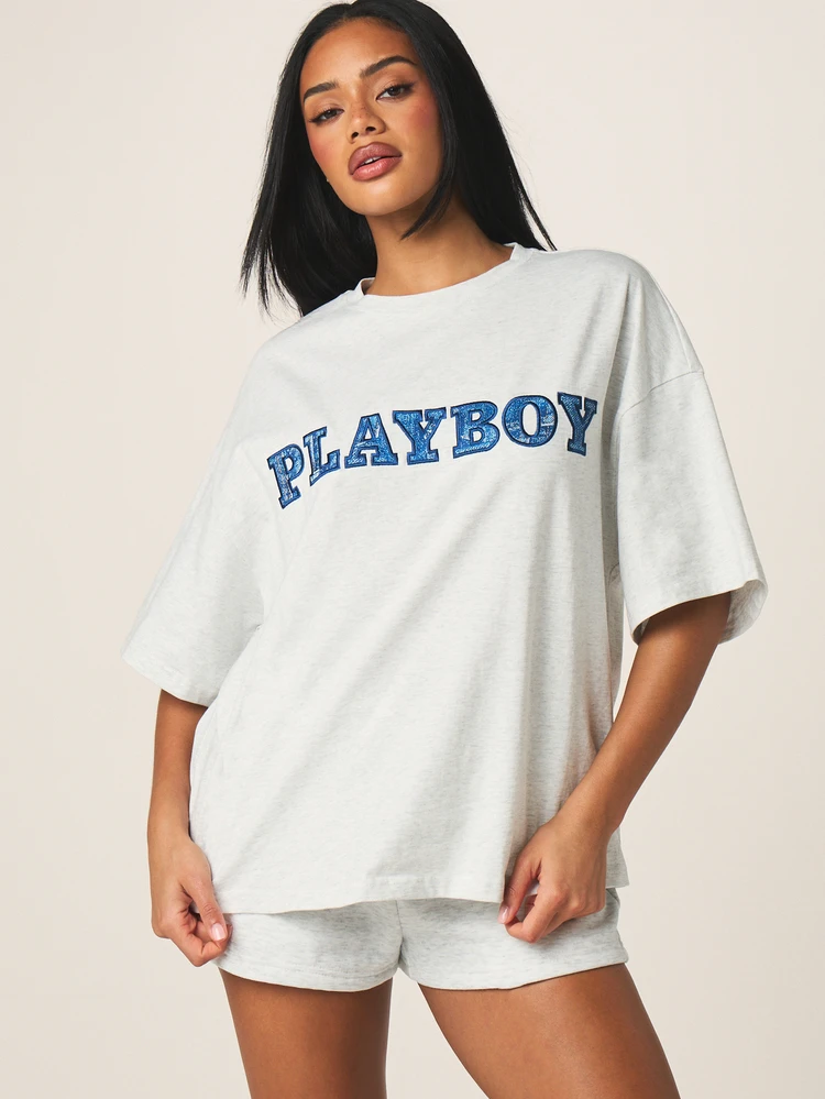 Missguided x Playboy 여성용 오버사이즈 데님 아플리케 티셔츠, 블루 레터 프린트 반팔 캐주얼 코튼 티셔츠 빈티지 스타일 그래픽 탑, 독립기념일