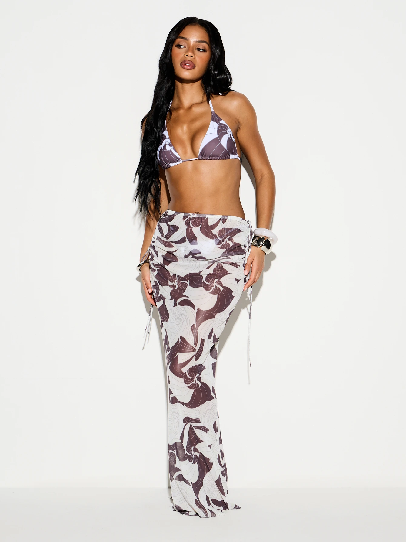 KIZN Floral Print Mesh Maxi Skirt With Side Ties
