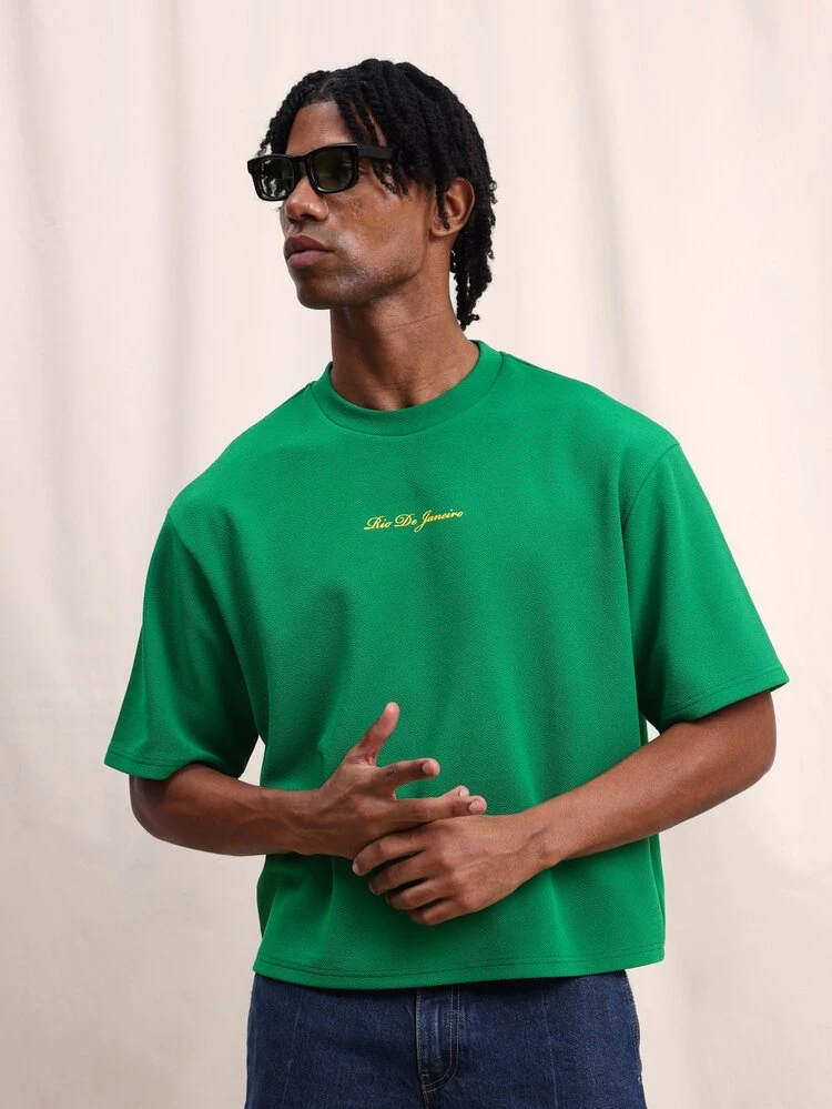 Men Green Crew Neck Short Sleeve Graphic T-Shirt With Gold Rio De Janeiro Text Print Regular Fit Casual Summer Top