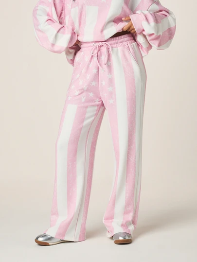 Missguided x Playboy Pantalones de chándal informales para mujer con cordón, estampado de rayas verticales rosas y blancas y estrellas, para el Día de la Independencia