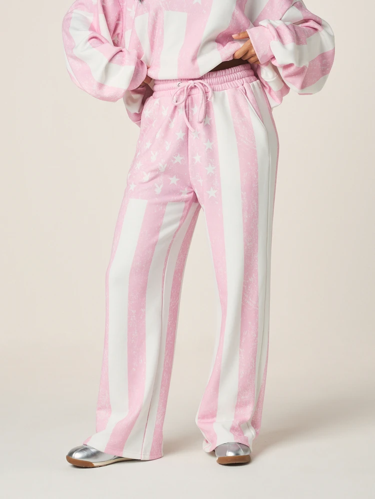 Missguided x Playboy Women Casual Pink White Vertical Striped Star Print Wide Leg Drawstring Sweatpants Joggers, Fourth Of July