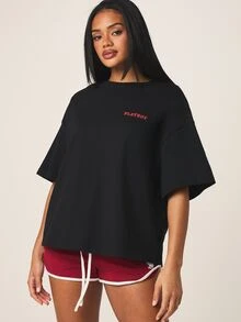 Missguided x Playboy 复古杂志封面超大黑色T恤，背面全印花，女士休闲街头风，七月四日主题T恤 - 黑色 - 查看 2
