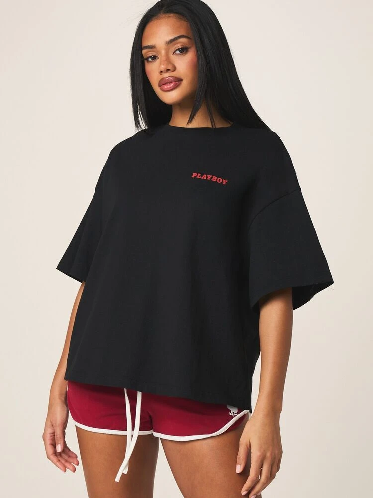 Missguided x Playboy Vintage Magazine Cover Oversized Black T-Shirt With Full Back Print Statement Tee For Women Casual Streetwear, Fourth Of July