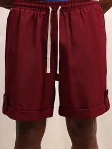 SUMWON Shorts Casuais Masculinas de Ajuste Relaxado com Barra Dobrada e Bolsos Laterais para Verão - Vinho - Visão 8