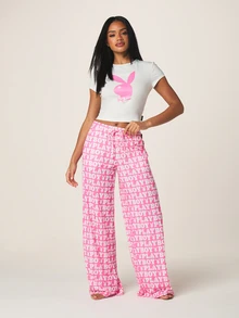 Missguided x Playboy 女士兔子标志露脐T恤和阔腿裤睡衣家居服套装 粉色白色 - 彩色 - 查看 1
