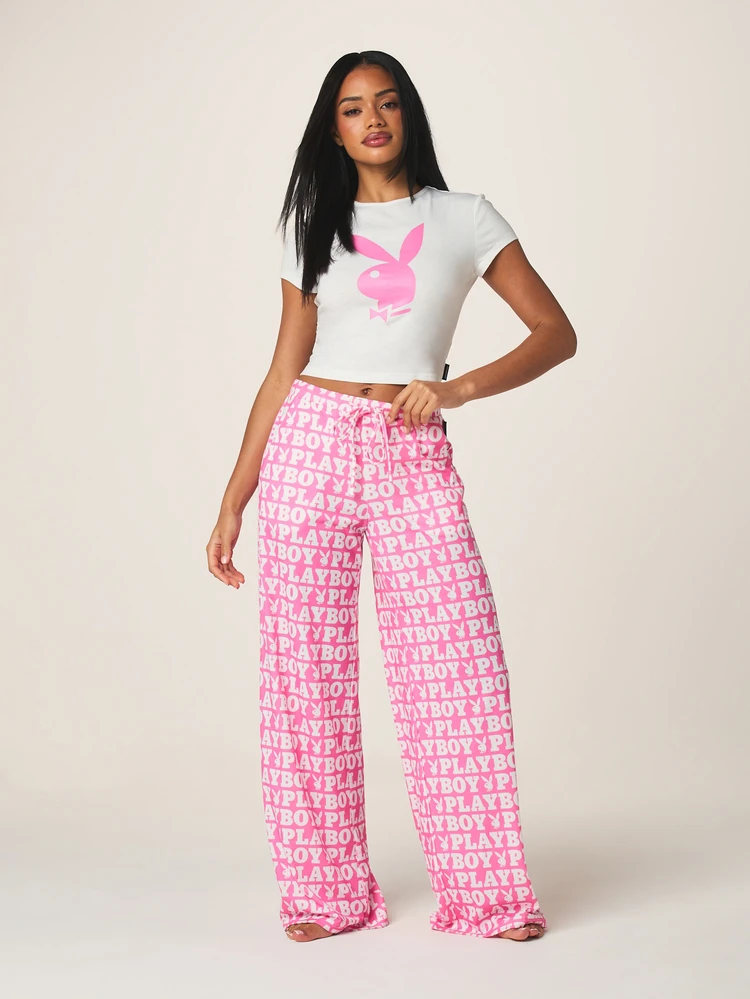 Missguided x Playboy Ensemble de pyjama/tenue de détente pour femmes avec t-shirt court avec logo lapin et pantalon palazzo à jambes larges, rose et blanc