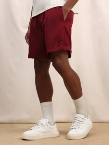 SUMWON Shorts Casuais Masculinas de Ajuste Relaxado com Barra Dobrada e Bolsos Laterais para Verão - Vinho - Visão 4