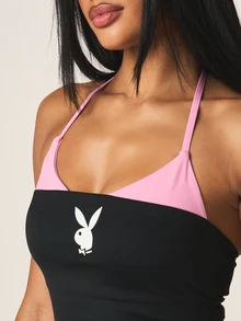 Missguided x Playboy 黑色和粉色撞色Logo吊带抹胸上衣，后背系带细节 - 黑色 - 查看 2