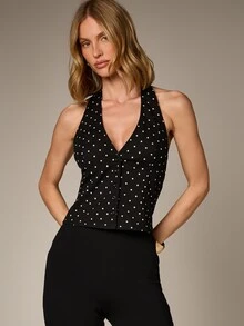 AiiRZ Áo tank top không tay cổ yếm cài cúc phía trước màu đen chấm bi dành cho nữ, phối họa tiết chấm bi trắng, thích hợp cho mùa hè. - Đen và trắng - Xem 5