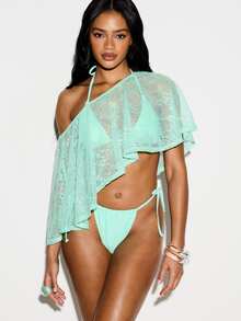 KIZN Lace Off Shoulder Cape Top With Flowy Sleeves And Sheer Overlay Design Perfect For Beach Vacation Summer Date Night Evening Occasions - Green - View 4